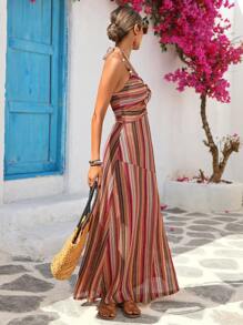 Vivid Eden Đầm không tay vải họa tiết xẻ tà gợi cảm cổ thắt nơ khoét sâu đính ngọc trai hở lưng cho nữ - màu nâu - Xem 5