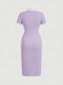 SHEIN MOD Váy cổ cài nút phía trước màu hoa cà và trắng tương phản theo phong cách Preppy - Màu Lilac Tím - Xem 2