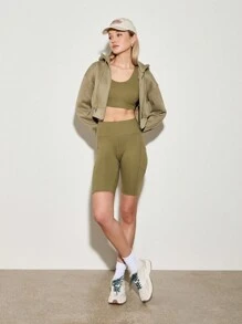 AiiRZ Cropped Athletic Zip-Up Hoodie Workout Sweatshirt Sports Training Activewear Performance Full Zip Track Jacket Studio Fitness Loungewear Fall Winter Essential - Green - View 3