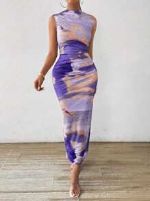 Chiquease Women's Summer Tie Dye Print Stand Collar Pleated Slim Long Elegant Dress Maxi Women Outfit