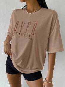 Flirla Drop Shoulder Letter Embroidery Top Graphic Tees Women Tops