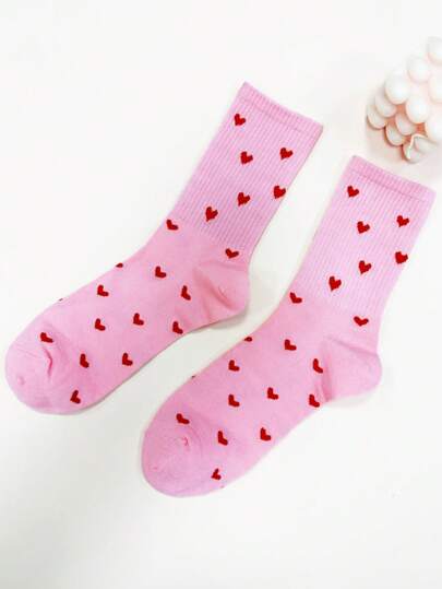 Maryam Alam Artist Fashion Versatile Pink Heart Pattern Mid-Calf Socks For Women