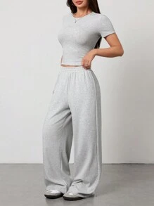 SHEIN PETITE Casual Versatile Solid Color Short Sleeve T-Shirt And Pants Set