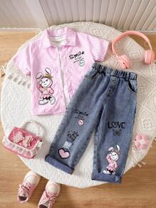 SHEIN 2pcs/Set Young Girl Cartoon Rabbit Graphic Short Sleeve Shirt And Pants Set - Multicolor - View 1
