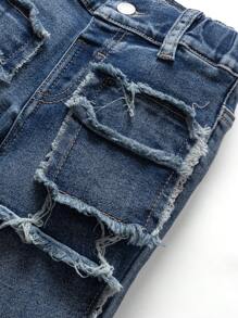 SHEIN 童装街头风破洞毛边水洗高弹修身蓝色牛仔裤，适合春夏穿着 - 中等水洗藍 - 查看 5