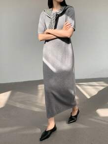 Dazy-Less 女士商务休闲宽松直筒条纹拼布针织毛衣连衣裙