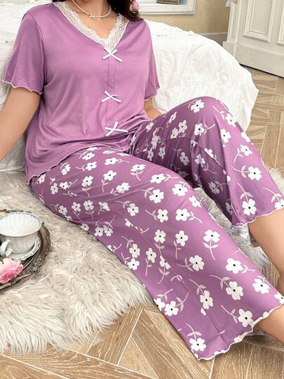 CottageSlumber Plus Size Lace V-Neck Patchwork Floral Print Soft & Skin-Friendly Milk Silk Casual Sleepwear Set With Short Sleeve Tops And Long Pants Bountiful Floral Splendor, Outfits  Cozy And Elegant Details
