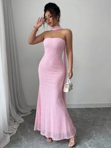 Rafferiza Đầm Maxi Maxi Dài Tay Không Dây Xếp Nếp Họa Tiết Hoa Lưới Màu Hồng Thanh Lịch Cho Nữ - Hồng - Xem 4