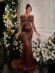 Glamrae 优雅奢华刺绣蕾丝贴花薄纱长袖弹力缎面美人鱼长裙，婚礼宾客礼服，适合婚礼、派对、节日、盛大晚宴、晚礼服、晚宴礼服、情人节等场合。 - 咖啡棕 - 查看 3