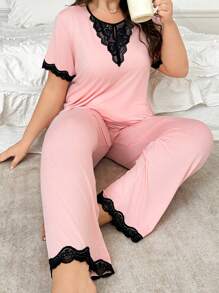 2pcs Set Women Plus Size Simple Casual Design Lace Patchwork Soft And Skin-Friendly Milk Silk Pajamas With Short Sleeve Top And Long Pants In Pink Color