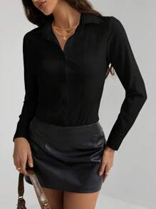 SHEIN Tall Solid Long Sleeves Button Front Shirt Bodysuit - Black - View 8
