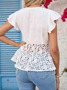 Ellevyn V领蕾丝边女式盖袖衬衫，女士沙滩装 - 白色 - 查看 2