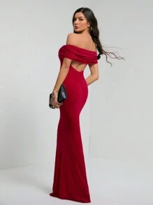 SHEIN Tall Summer Women's Solid Color One-Shoulder Sexy See-Through Elegant Fishtail Backless Tight Graduation Dress Long Skirt