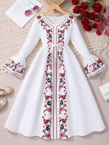 Rochie maxi Tween Girl, cu mâneci lanternă, cu decolteu în V, cu talie strânsă