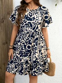 SHEIN LUNE Plus Size Casual All-Over Print Short Sleeve Dress Women Boho/Bohemian Dress  Summer Outfits For Women Vacation Outfits Woman Beach Outfits For Woman
