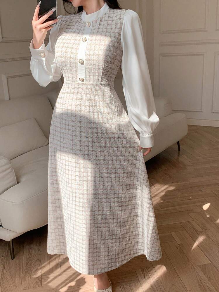 Plaid & Mesh Color Block Cinched Waist Midi Dress For Women,Fall Dress Long Sleeve Dress