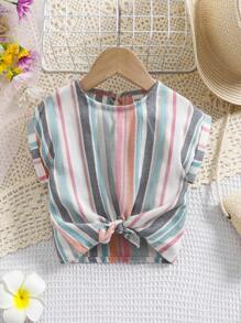 SHEIN Leap Crew Baby Girl Cute Colorful Striped Short Sleeve Top, Versatile For Summer - Multicolor - View 1