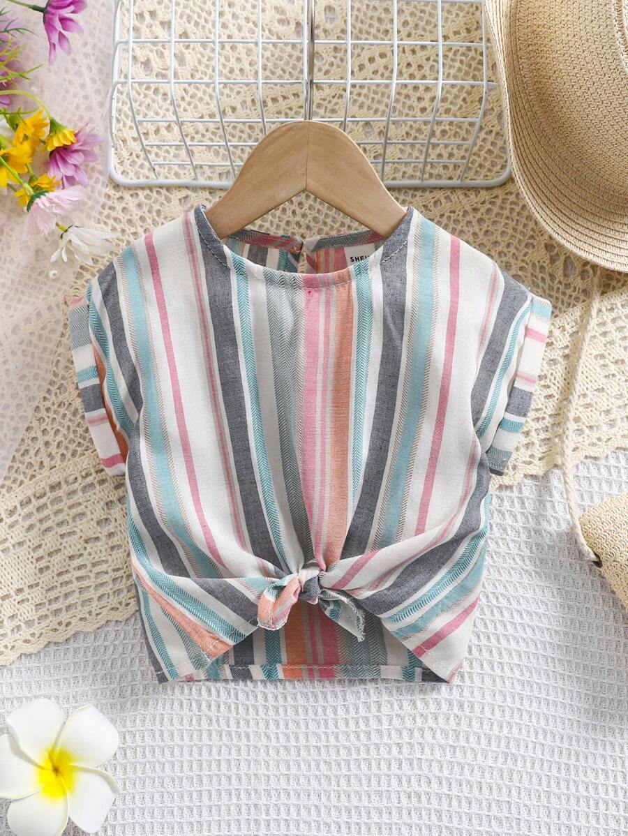 SHEIN Leap Crew Baby Girl Cute Colorful Striped Short Sleeve Top, Versatile For Summer - Multicolor - View 1
