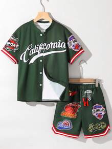 SHEIN Set de 2 piese cu tricou și pantaloni scurți cu mânecă scurtă, model casual, pentru baschet, pentru băieți, preadolescenti