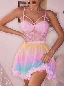 2pcs Set: Lace Patchwork Ruffle Hem Printed Mesh Sexy Nightgown + G-String, Suitable For Music Festivals - Multicolor - View 2