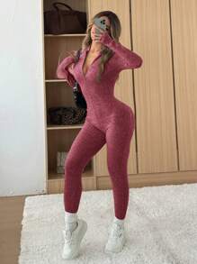 Muchica Ribbed Texture Thermal Lined Jumpsuit - Burgundy - View 5