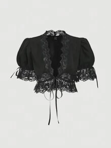 SHEIN MOD 女士蕾丝泡泡袖V领黑色衬衫，趣味衬衫，休闲假日，情人节服装，暑假，夏季，早午餐，情人节，女士海滩装，情人节女士装，海滩度假，邮轮女士性感装，复活节 - 黑色 - 查看 1