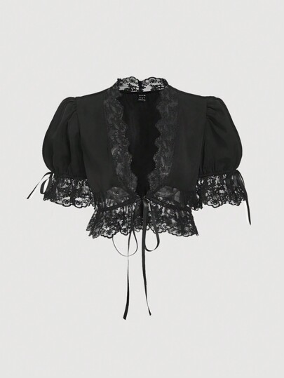 SHEIN MOD Women's Lace Puff Sleeve V-Neck Black Blouse, Funny Shirts, Casual Holiday, Valentines Clothes, Summer Vacation, Summer, Brunch, Valentine's Day, Beach For Woman, Valentine's Day Women, Beach Vacation, Cruise Women Sexy, Easter