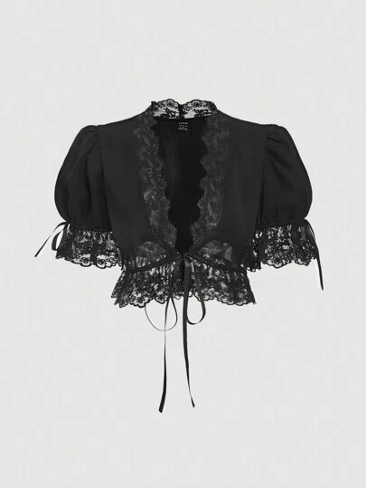 SHEIN MOD بلوزة سوداء نسائية بياقة على شكل حرف V وأكمام منتفخة من الدانتيل، قمصان مضحكة، ملابس عطلة عادية، ملابس عيد الحب، عطلة صيفية، إفطار، عيد الحب للمرأة، عطلة شاطئية، نساء مثيرات للإعجاب في رحلة بحرية، عيد الفصح