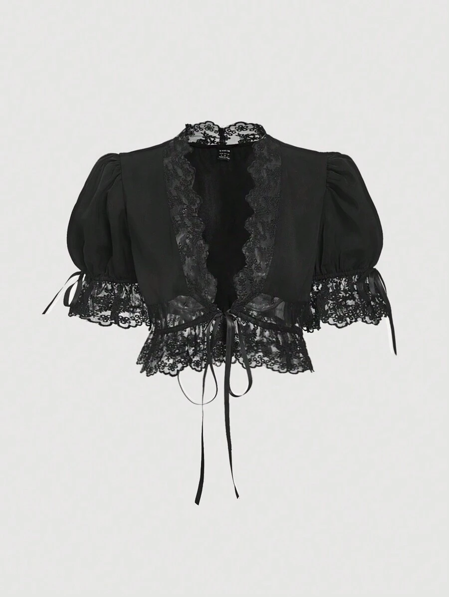 SHEIN MOD 女士蕾丝泡泡袖V领黑色衬衫，趣味衬衫，休闲假日，情人节服装，暑假，夏季，早午餐，情人节，女士海滩装，情人节女士装，海滩度假，邮轮女士性感装，复活节 - 黑色 - 查看 1