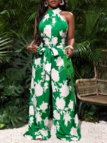 Slaydiva Women's Vacation Floral Print Turtleneck Side Split Pocket Wide Leg Fitted Jumpsuit - Green - View 4
