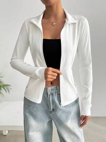 Muchica Women's White Long Sleeve Zip-Up Casual Jacket