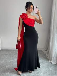 Rafferiza 女士黑色优雅淑女拼布缎面分层红色花朵长裙 - 黑色 - 查看 1