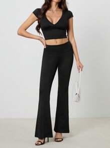 SHEIN Tall Women's Short-Sleeved Top And Bootcut Trousers Two-Piece Set - Black - View 7