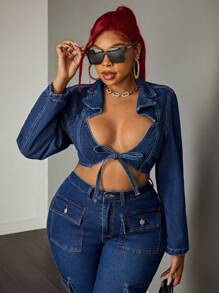 SHEIN SXY Áo khoác denim tay dài thiết kế cá nhân theo phong cách Mỹ cỡ lớn cho nữ - Màu xanh lam - Xem 4