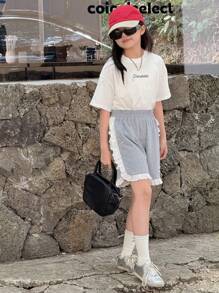 DAZY 2pcs/Set Tween Girls' Casual Letter Printed Short Sleeve Top And Shorts Set,Girls Summer Outfits,Back To School Clothes - White - View 4