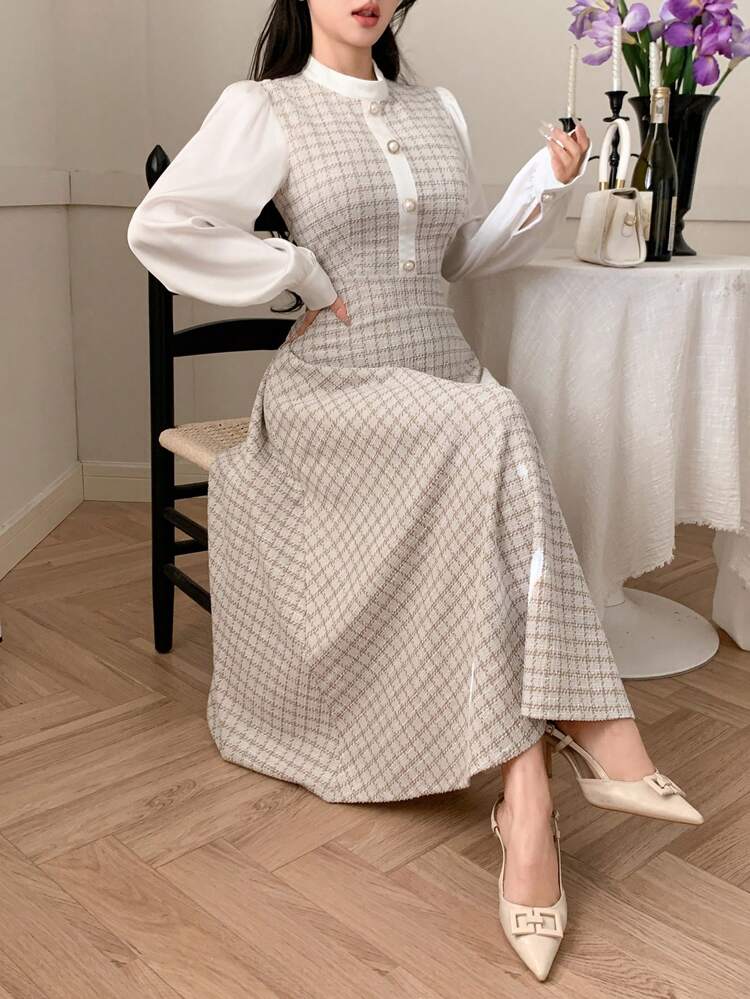 Plaid & Mesh Color Block Cinched Waist Midi Dress For Women,Fall Dress Long Sleeve Dress