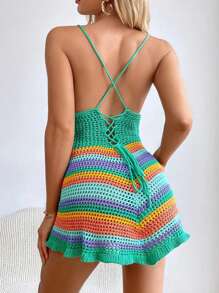 Women's Colorful Striped Spaghetti Strap Knit Dress For Vacation - Green - View 2