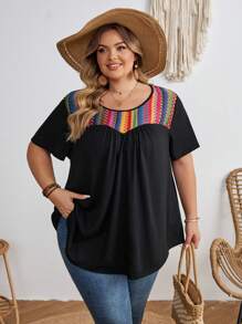 SHEIN CURVE+ 大码对比条纹 T 恤，超宽松，度假 T 恤波西米亚风度假 - 黑色 - 查看 7
