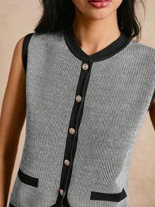 Poéselle 新款撞色条纹针织背心，秋冬时尚女士针织马甲 - 黑色 - 查看 2