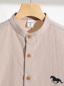 SHEIN Tween Boy Stand Collar Single-Breasted Shirt And Shorts Set Suitable For Summer - Apricot - View 6