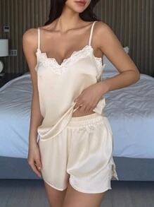 DAZY Satin Lace Patchwork Spaghetti Strap Top And Shorts Ladies Pajama Set - Beige - View 8