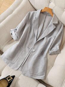 Franclia Lapel Pocket Women's Thin Blazer Jacket, Casual Fashion Ladies Suit Jacket - Light Grey - View 1