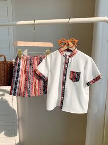 2 Pieces Set Of Young Boy Casual Geo Print Standing Collar Shirt And Shorts Set Suitable For Birthday Parties - White - View 6