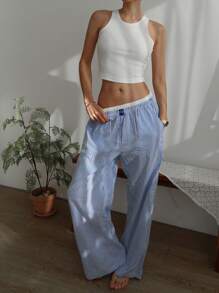 DAZY 简约休闲纯色背心和条纹睡裤女式两件套睡衣套装