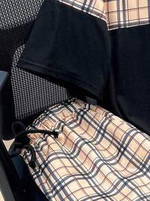 SHEIN Set di maglietta a maniche corte e pantaloncini comodi e casual in patchwork quadri con colori a contrasto per ragazzi adolescenti
