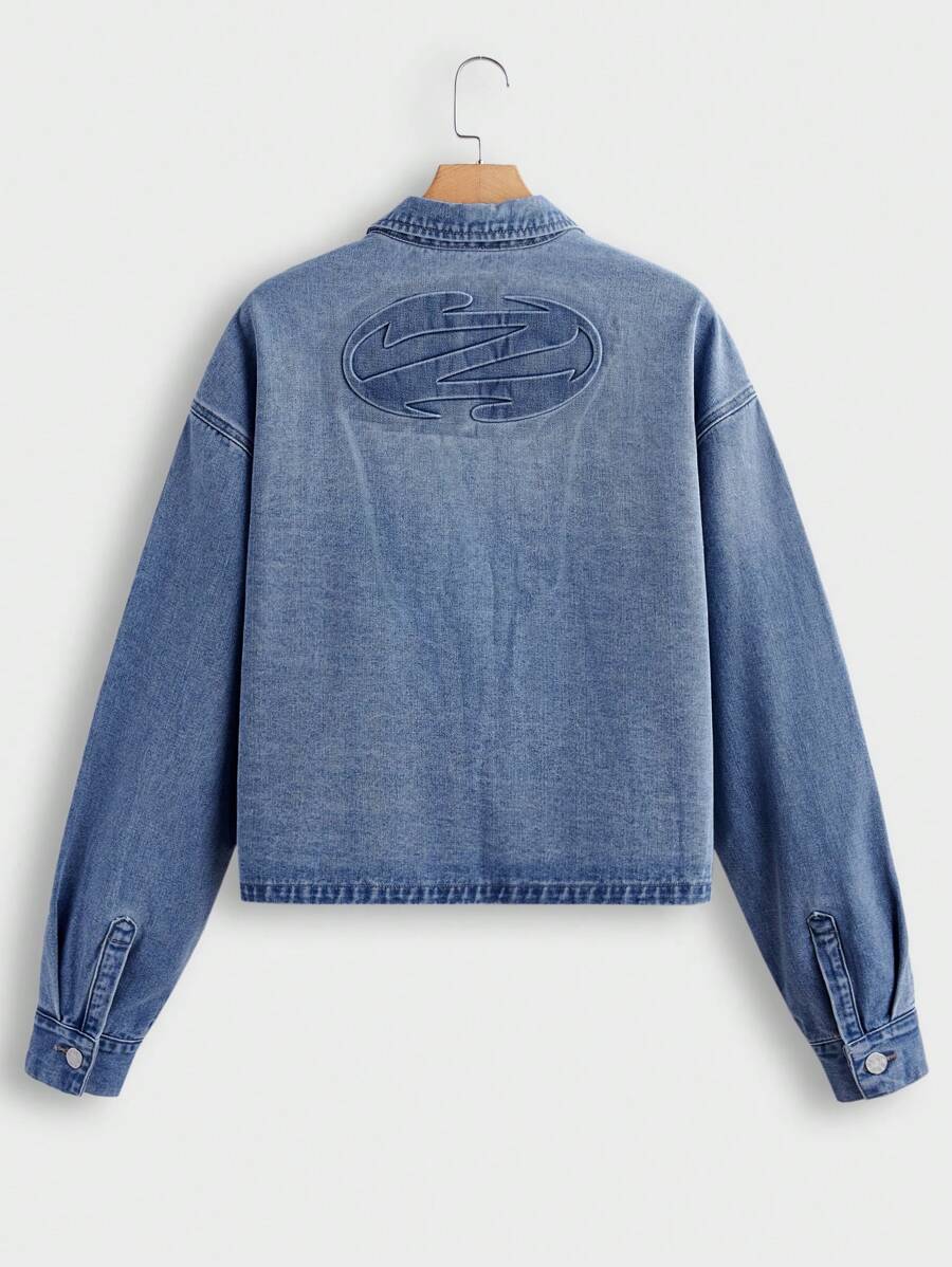 Manfinity Homme Men's Light Blue Washed Denim Casual Boxy Street Print Short Shirt - Light Wash - View 1