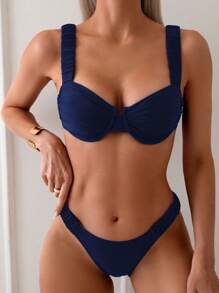 SHEIN Swim Women Solid Color Minimalist Bikini Top And Bottom Set For Summer Beach Vacation - Navy Blue - View 7