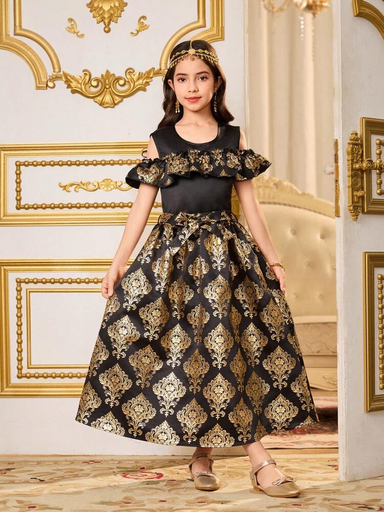 2pcs Tween Girl Elegant Gilded Retro Pattern Top And Skirt Set For Girls