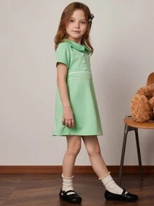 PrepCrw Young Girls' Spring/Summer Green Roman Cloth Lapel Double-Breasted Dress - Green - View 3