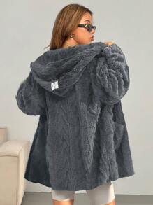 SHEIN EZwear Abrigo con capucha de manga larga de invierno suelto y casual con parches, bolsillo y efecto pelusilla blanco